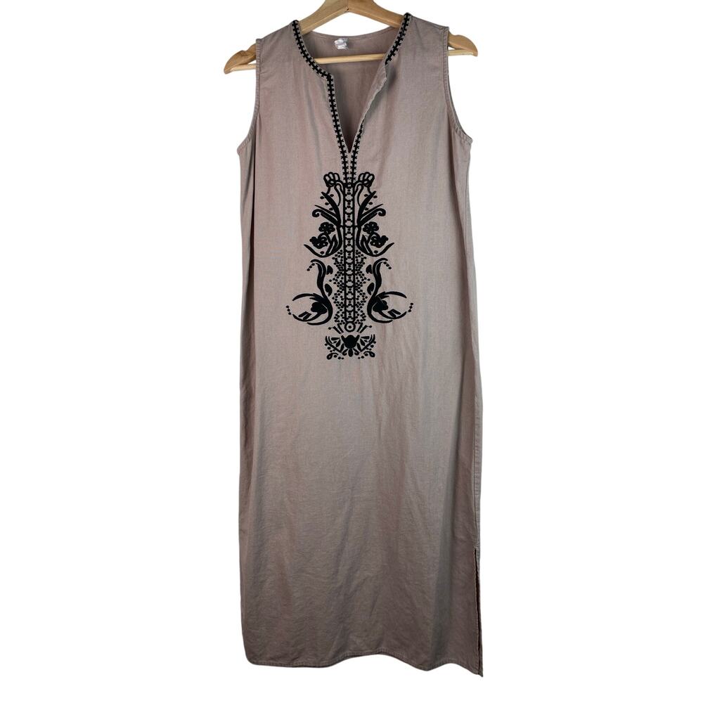 Sigrid Olsen‎ Women's S Sand Gray Black Embroidered Boho Maxi Shift Dress *